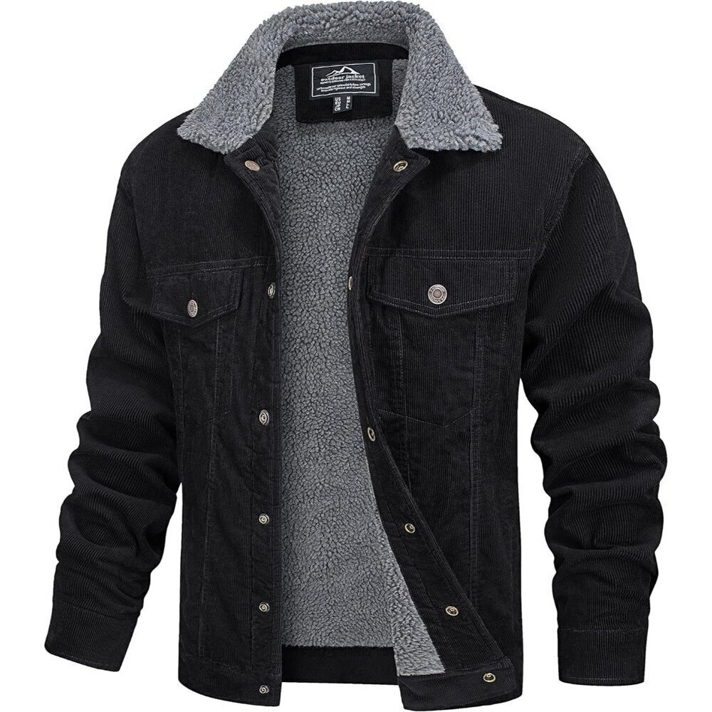 🆕Mens Black Corduroy Jacket Sherpa Lined Warm Winter Trucker Cargo Coat